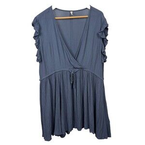 Elan Boho Ruffle Mini Dress XL Blue Crinkle Drawstring Coverup Cottagecore‎